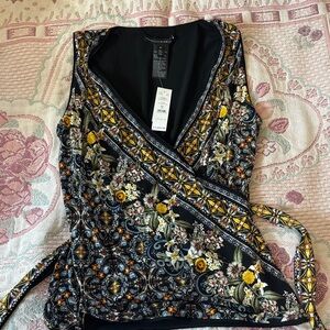 White House Black Market Black and Yellow Patterned Top